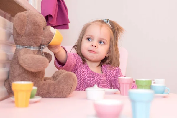 Years Old Girl Playing Tea Party Teddy Bear — Stock Photo, Image