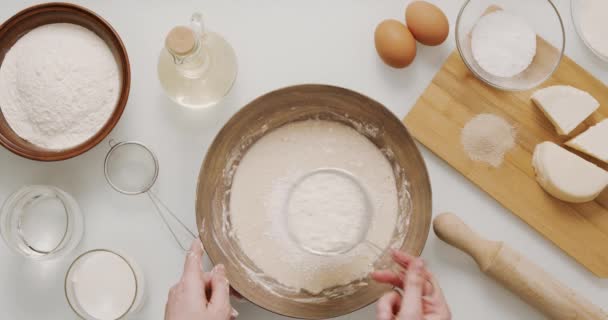 Add flour and knead the dough for baking 4K — Stock Video