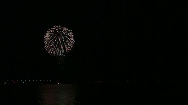 Uno spargimento colorato di fuochi d'artificio festosi nel cielo notturno sopra il fiume si riflette nell'acqua. Giri temporali . — Video Stock