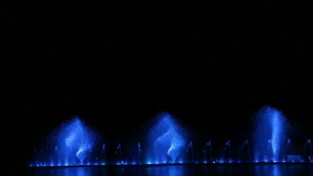 Unusual water compositions shimmering in different colors show fountains against the night sky — Stock Video