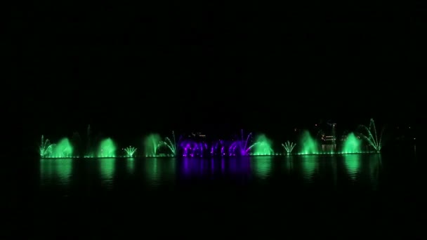 Jasné záblesky v různých barvách ukazují fontány na pozadí noční oblohy — Stock video
