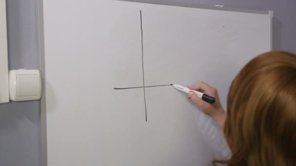 Une femme se tient avec son dos et dessine une monnaie et un signe d'intérêt sur un tableau blanc. Laps de temps . — Video