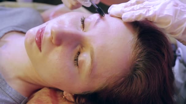 美容师用特殊的刷子刷客户的眉毛. — 图库视频影像