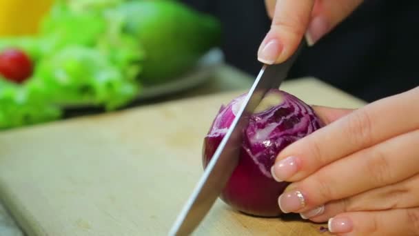 Female hand cuts a red onion with a knife on a wooden board. — ストック動画