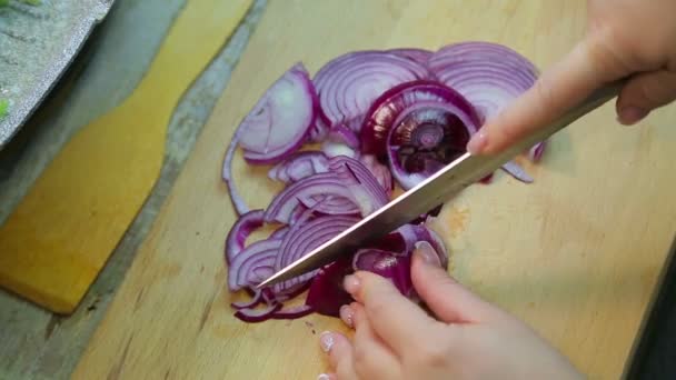 Vrouwelijke hand snijdt een rode ui met een mes op een houten plank — Stockvideo