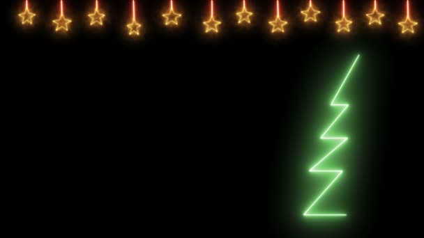 Neon Kerst en Nieuwjaar slinger met gouden fonkelende sterren en een groene kerstboom versierd met ballen — Stockvideo