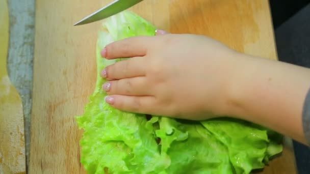 La mano femenina con un cuchillo corta ensalada fresca en una tabla de madera — Vídeos de Stock