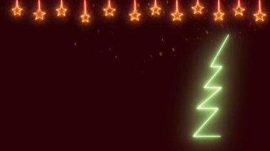 Yıldızlı bir Noel arkaplanı ve süslü bir Noel ağacı. Mutlu yıllar yazılı.