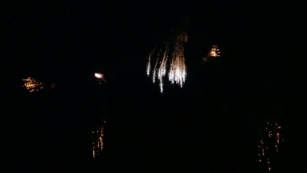 Faíscas ardentes fogos de artifício festivos no céu noturno acima do rio refletindo na água — Vídeo de Stock