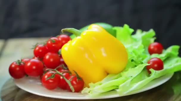 Свіжі вишневі помідори, салат, перець і авокадо в тарілці обертаються навколо . — стокове відео