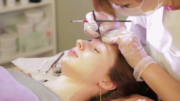 Косметолог красит клиента бровью со специальной кистью и корректирует ее — стоковое видео