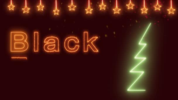 New year discount neon sign black friday in gold letters on a background of stars and christmas trees — Stock Video