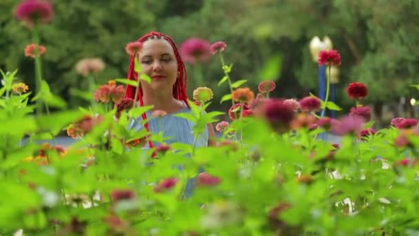 Uma mulher com cabelo vermelho aprecia o aroma de flores no parque — Vídeo de Stock