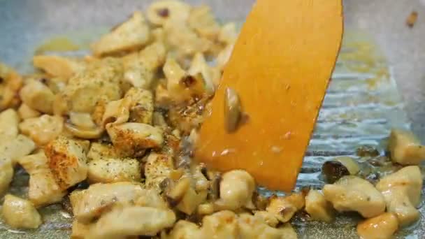 Il filetto di pollo in salsa con erbe e spezie viene mescolato con una spatola di legno in una padella. — Video Stock