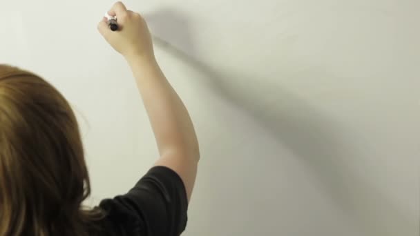 Une femme se tient avec son dos et dessine une monnaie et un signe d'intérêt sur un tableau blanc. Laps de temps — Video