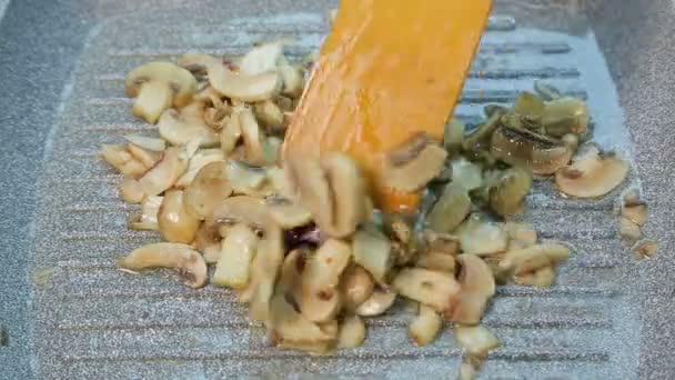 Champignon champignons sont frits dans une poêle à l'huile — Video