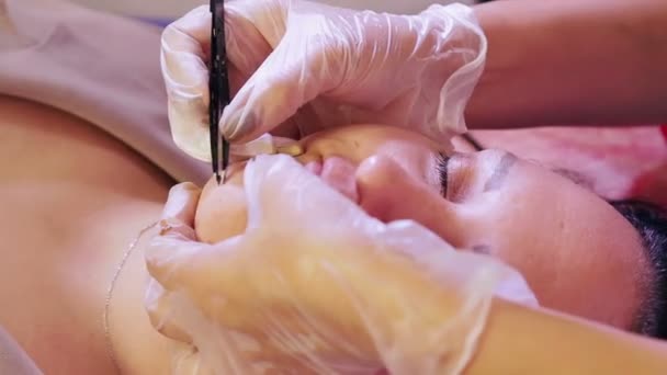 The beautician plucks hairs from the chin and above the clients upper lip with tweezers — Stockvideo