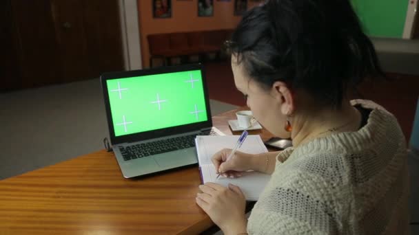Bir kadın akşamleyin ofiste oyalandı, bir günlük yazdı ve bilgisayar ekranına baktı. — Stok video