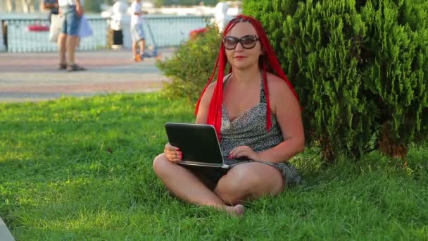Gün Batımında Genç Bir Kadın Yeşil Bir Parkta Uzaktan Çalışıyor — Stok video