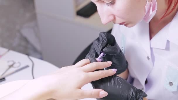 Woman Manicurist Beauty Salon Applies Violet Gel Polish Nails Client — Stock Video