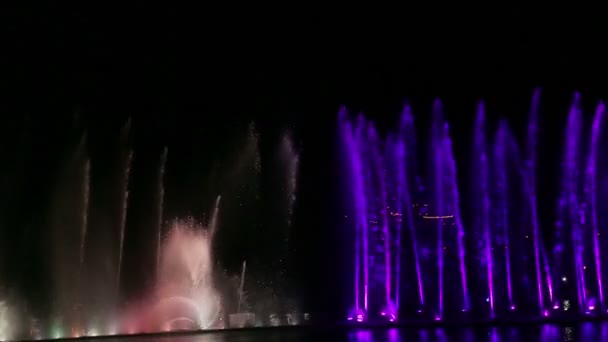 Multi-colored jet fountains show on the background of the night sky — Stock Video