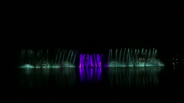 Bright shimmering in different colors shows fountains against the background of the night sky — ストック動画