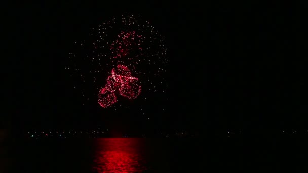 Яркий праздничный фейерверк в ночном небе над рекой с отражением в воде — стоковое видео