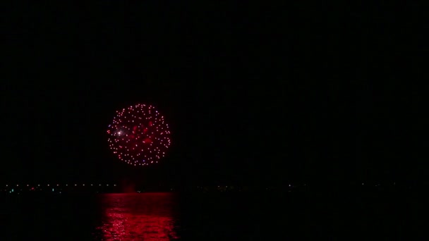 Színes ünnepi tűzijáték az éjszakai égbolton a folyó felett tükröződve a vízben — Stock videók