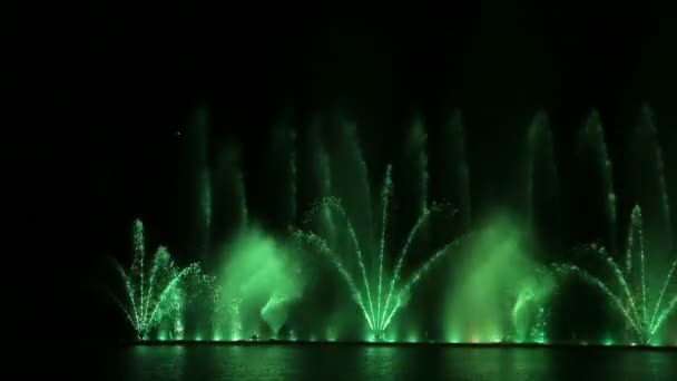 Mostra de água de fontes contra o fundo do céu noturno, jactos multicoloridos e combinações refletidas na água — Vídeo de Stock