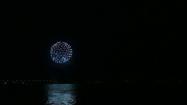 Brillantes fuegos artificiales festivos en el cielo nocturno sobre el río con reflejo en el agua — Vídeos de Stock