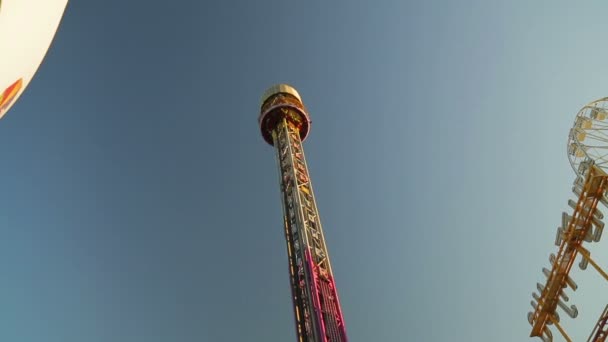 De attractie is extreem voor de stoutmoedigen in het park een vermakelijke vrije val toren — Stockvideo