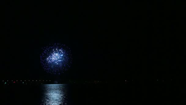 Focuri de artificii festive pe cerul nopții deasupra râului reflectând în apă — Videoclip de stoc