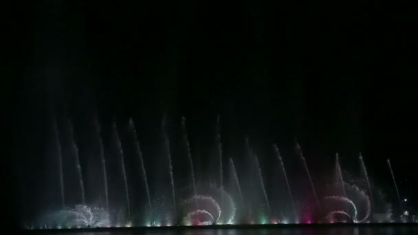 Insolite composizioni acquatiche scintillanti in diversi colori mostrano fontane contro il cielo notturno — Video Stock