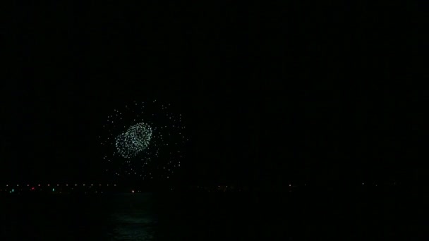 Brillantes fuegos artificiales festivos en el cielo nocturno sobre el río reflejándose en el agua . — Vídeos de Stock