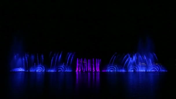 Sparkling multi-colored jets of water fountains against the background of the night sky reflected in the water — Stock Video