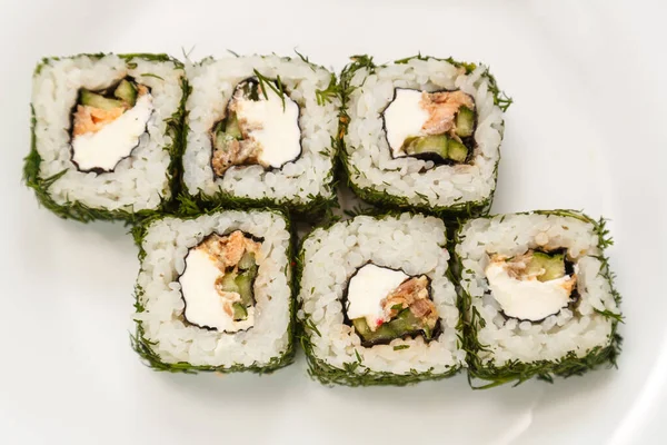 Rolls with dill and salmon with soy sauce, ginger and chopsticks. — Stock Photo, Image
