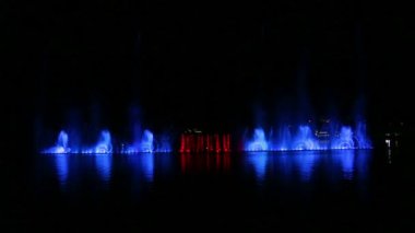 Farklı renklerde parlayan parlak fıskiyeler gece gökyüzünün arka planında yer alır.