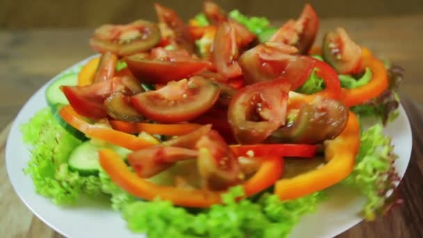 Ein Teller mit Gemüsesalat mit Paprika und schwarzen Tomaten dreht sich im Kreis. — Stockvideo