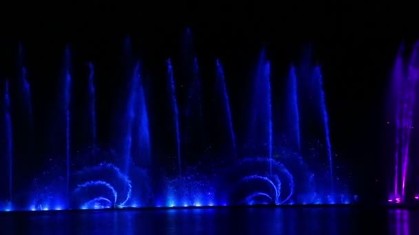 Різнокольорові комбінації зграй з водних фонтанів на тлі нічного неба . — стокове відео