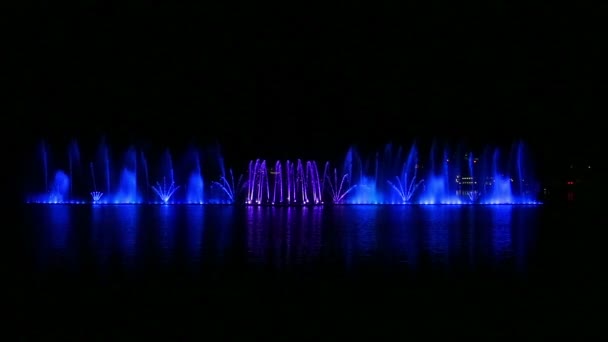 Fontes multicoloridas no meio do lago brilhando em cores diferentes à noite — Vídeo de Stock