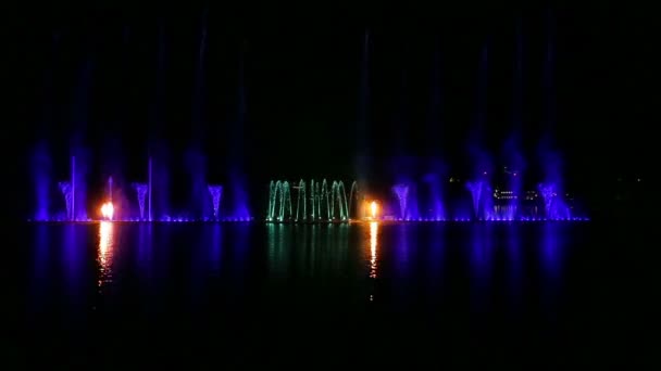 Fontes multicoloridas no meio do lago brilhando em cores diferentes à noite — Vídeo de Stock
