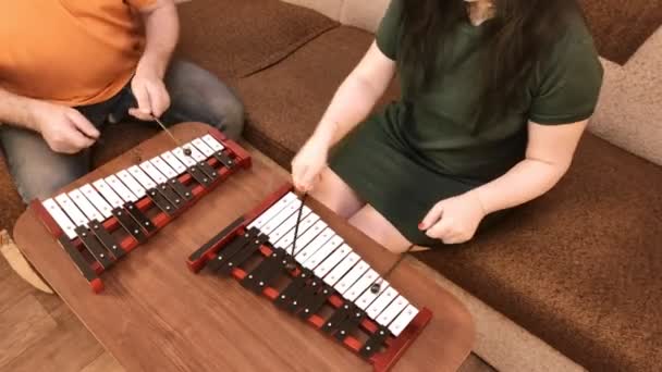 Man and woman at home in the room are playing on metalphones — Stock Video