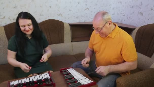 Mann und Frau spielen zu Hause Metalphones — Stockvideo