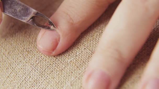 Dessin sur une plaque à ongles d'un vernis léger avec des paillettes . — Video