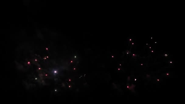 Χρωματιστά πυροτεχνήματα σε μαύρο φόντο του νυχτερινού ουρανού. — Αρχείο Βίντεο
