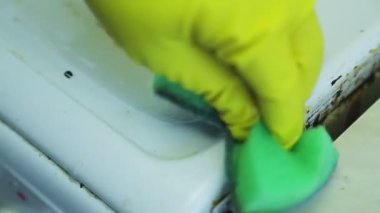Lastik eldivendeki bir el gaz sobasının yüzeyindeki kiri sünger ve deterjanla temizler.