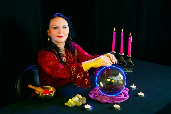 Young Clairvoyant Fortuneteller Reads Future Mirror Ball Magic Salon Black — Stock Photo, Image