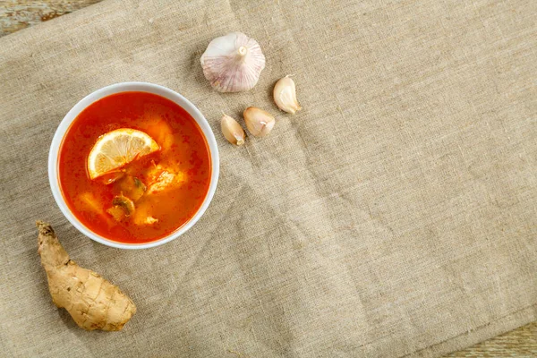 전통적 스프와 닭고기를 접시에 아마포 식탁보에 — 스톡 사진