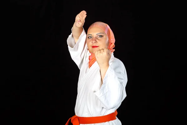 Young Muslim Woman Kimono Hijab Karate Exercises Horizontal Photo — 스톡 사진