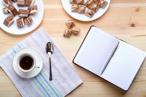 Cup Coffee Wooden Table Sweets Notepad Horizontal Photo Royalty Free Stock Photos